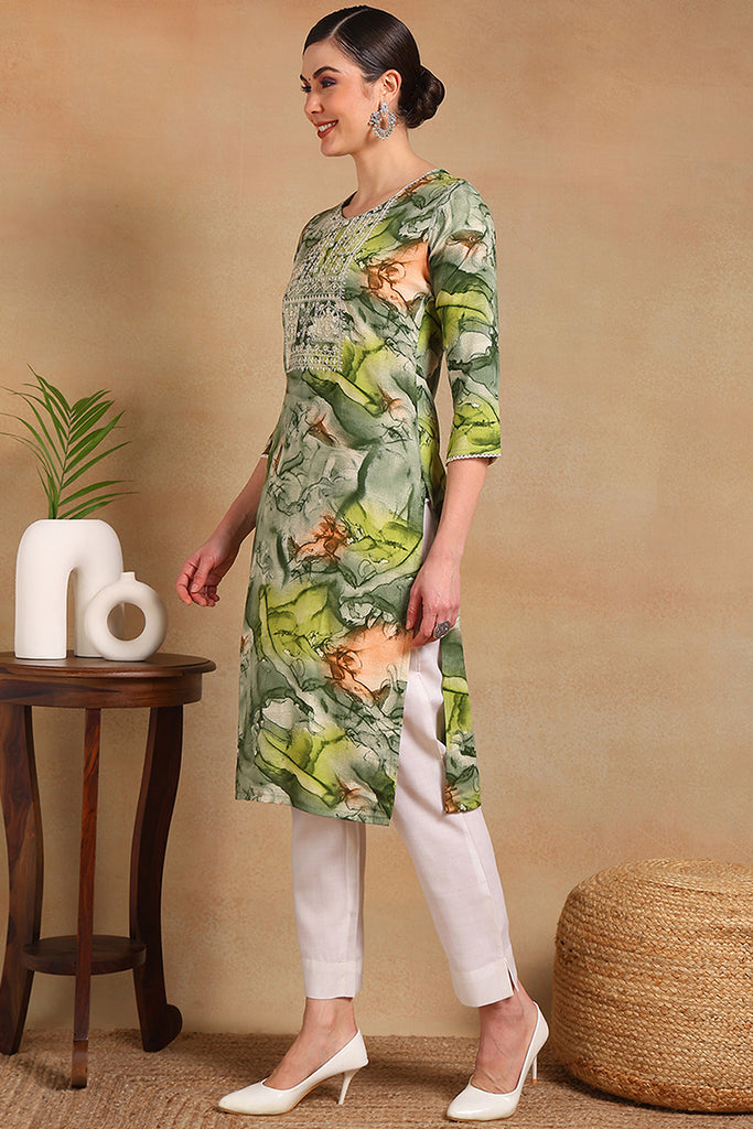 Green Cotton Blend Abstract Printed Straight Kurta VCK9563