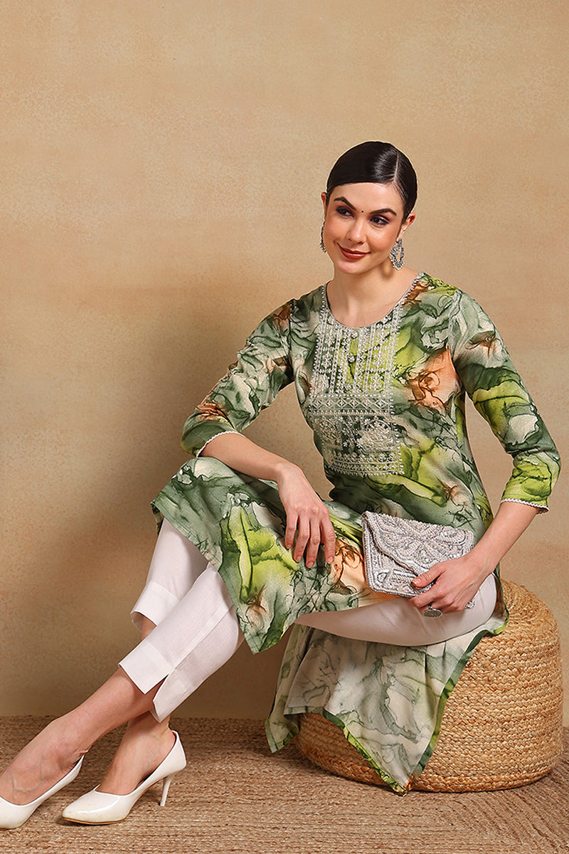 Green Cotton Blend Abstract Printed Straight Kurta VCK9563