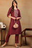 Mauve Silk Blend Solid Embroidered Straight Kurta VCK9580