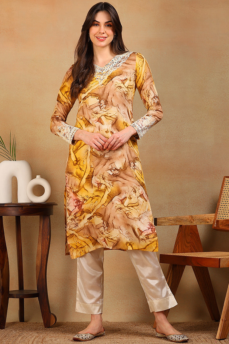 Mustard Viscose Rayon Tie and Dye Printed Straight Kurta VCK9605