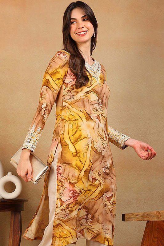 Mustard Viscose Rayon Tie and Dye Printed Straight Kurta VCK9605