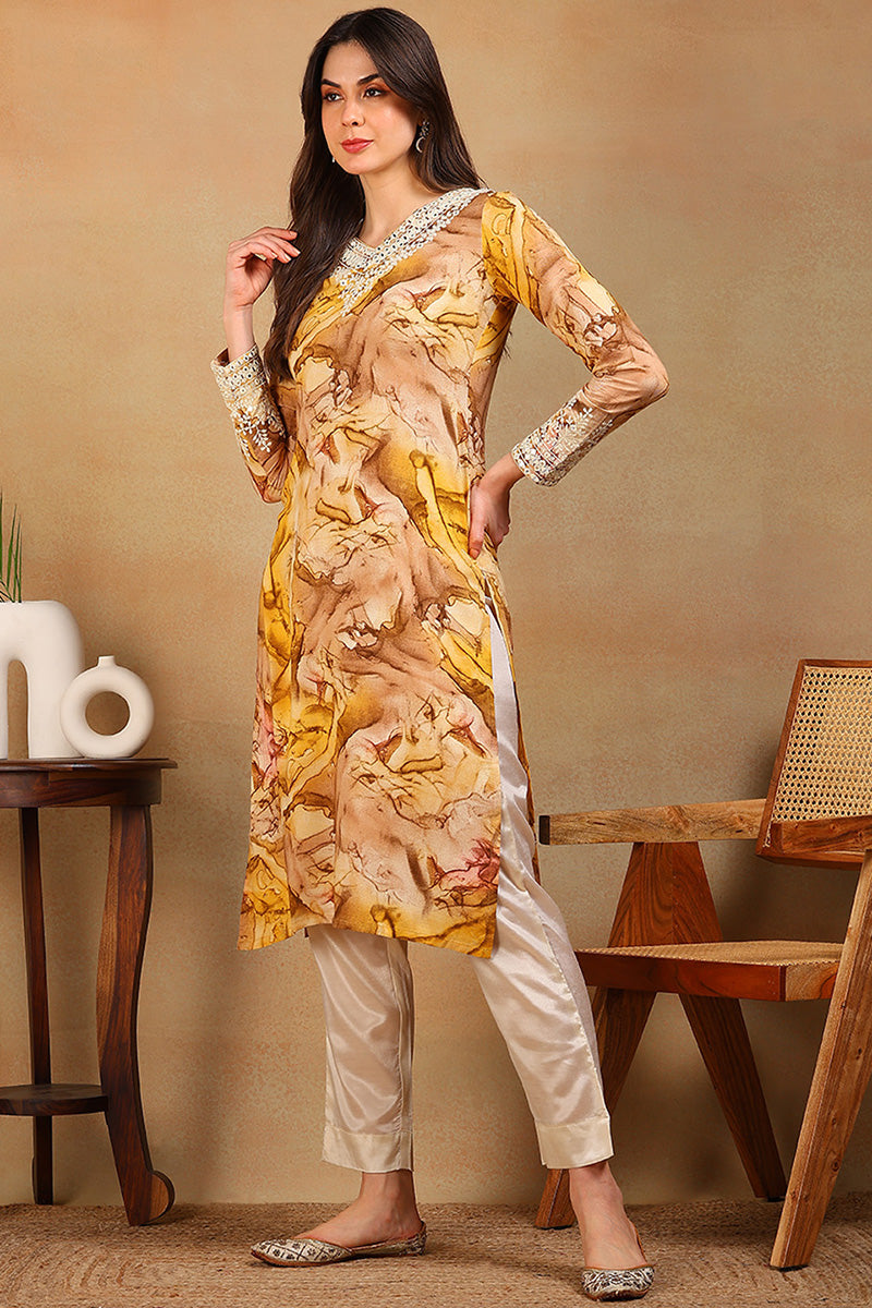 Mustard Viscose Rayon Tie and Dye Printed Straight Kurta VCK9605