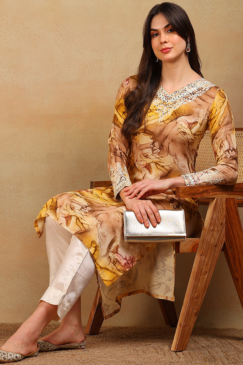 Mustard Viscose Rayon Tie and Dye Printed Straight Kurta VCK9605