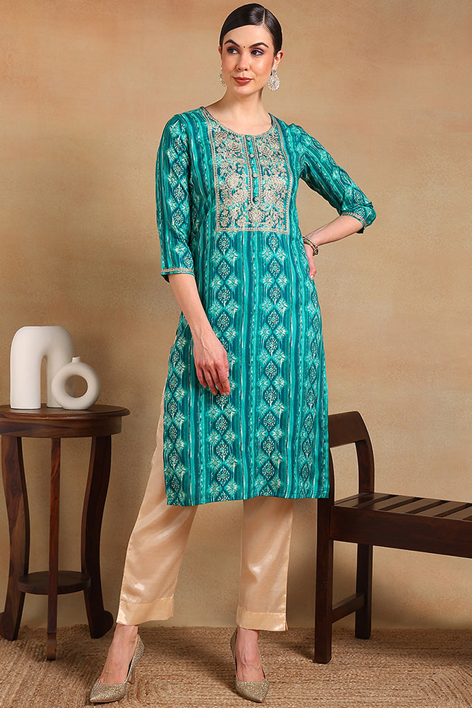 Turquoise Blue Viscose Rayon Ethnic Motifs Printed Straight Kurta VCK9607