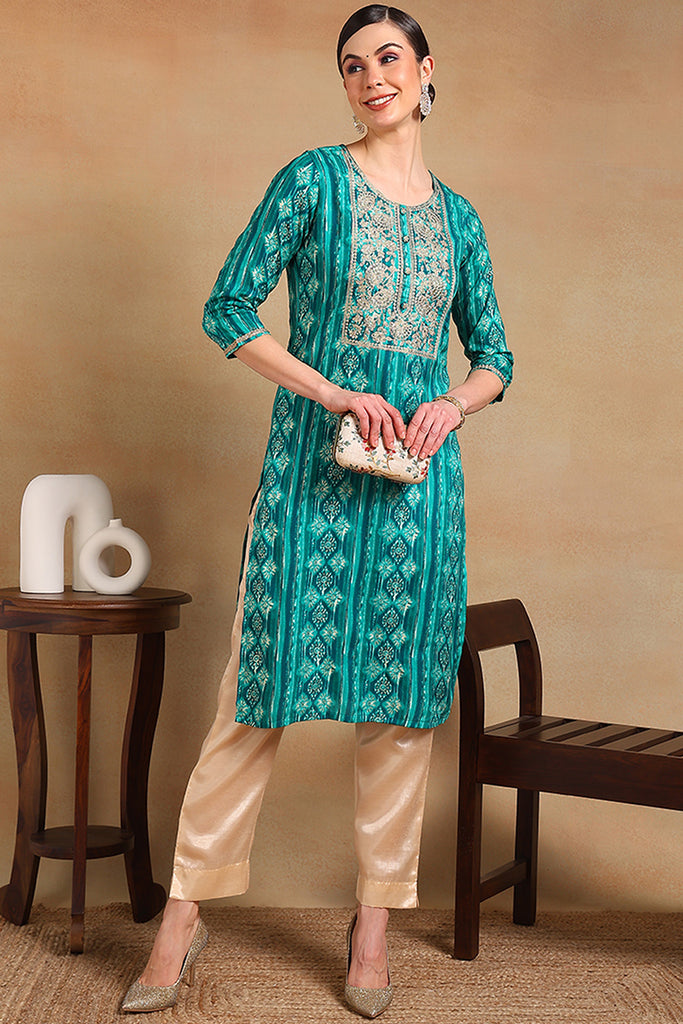 Turquoise Blue Viscose Rayon Ethnic Motifs Printed Straight Kurta VCK9607