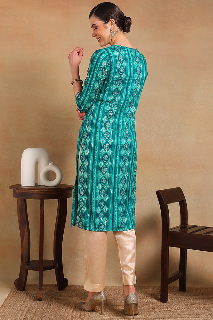 Turquoise Blue Viscose Rayon Ethnic Motifs Printed Straight Kurta VCK9607