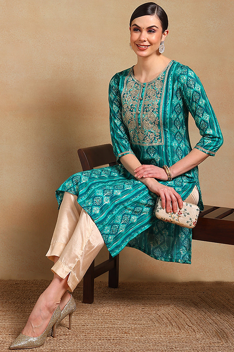 Turquoise Blue Viscose Rayon Ethnic Motifs Printed Straight Kurta VCK9607