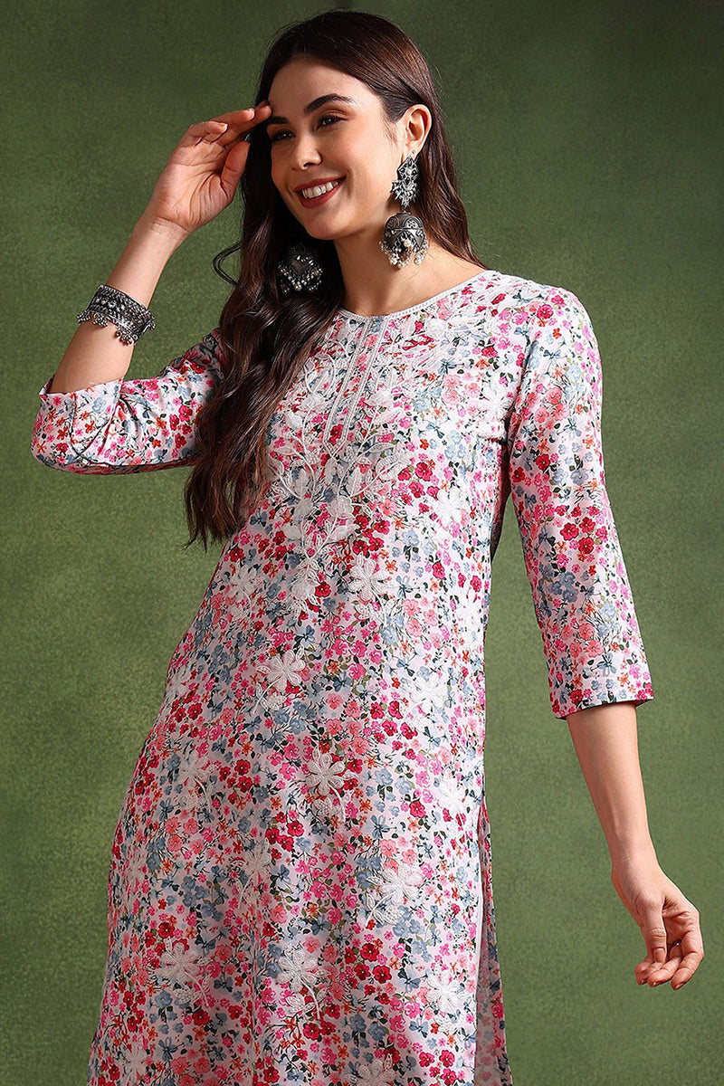 White Cotton Blend Embroidered Floral Printed Straight Kurta VCK9755