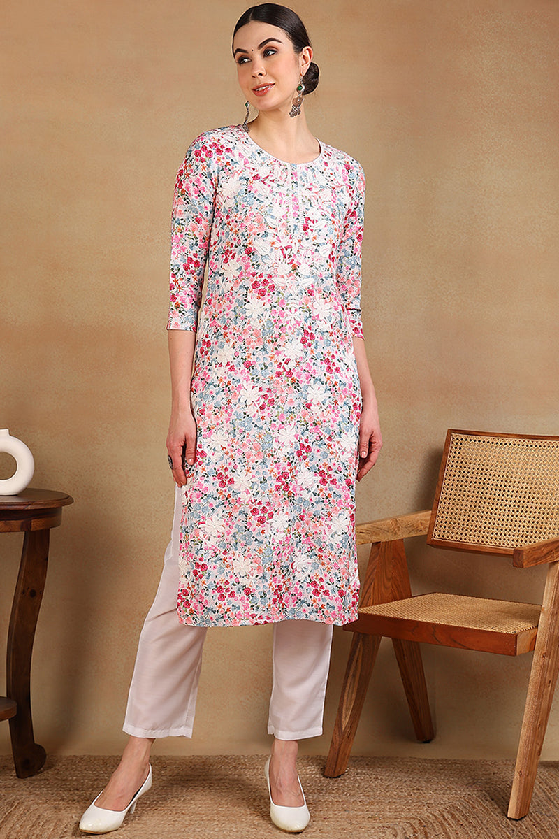 White Cotton Blend Embroidered Floral Printed Straight Kurta VCK9755