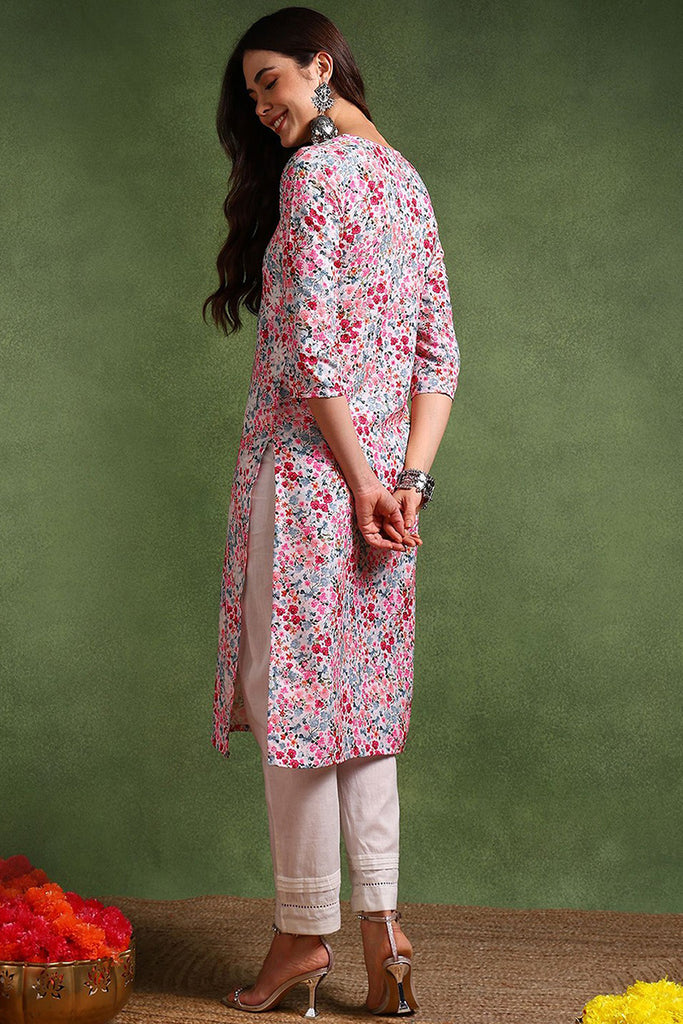 White Cotton Blend Embroidered Floral Printed Straight Kurta VCK9755