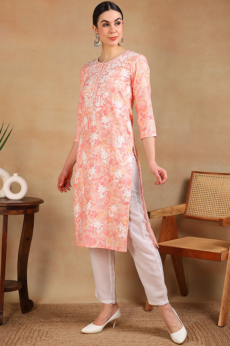 Peach Cotton Blend Embroidered Floral Printed Straight Kurta VCK9756