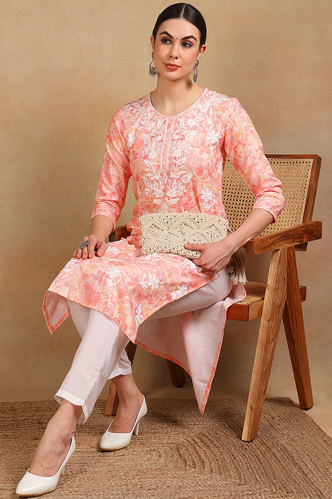 Peach Cotton Blend Embroidered Floral Printed Straight Kurta VCK9756