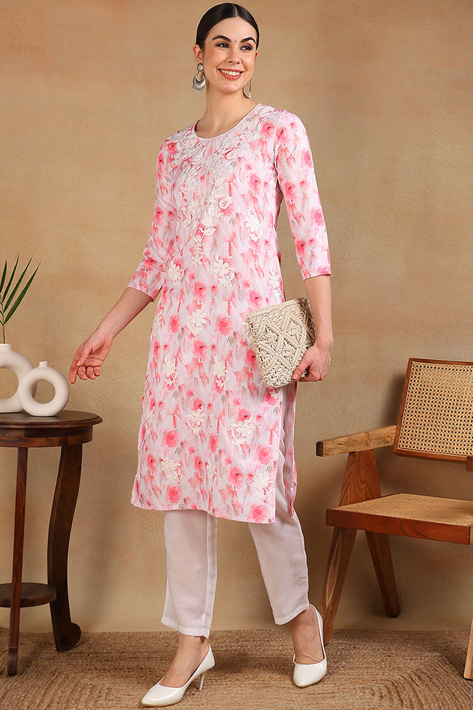 White Cotton Blend Embroidered Ethnic Printed Straight Kurta VCK9757