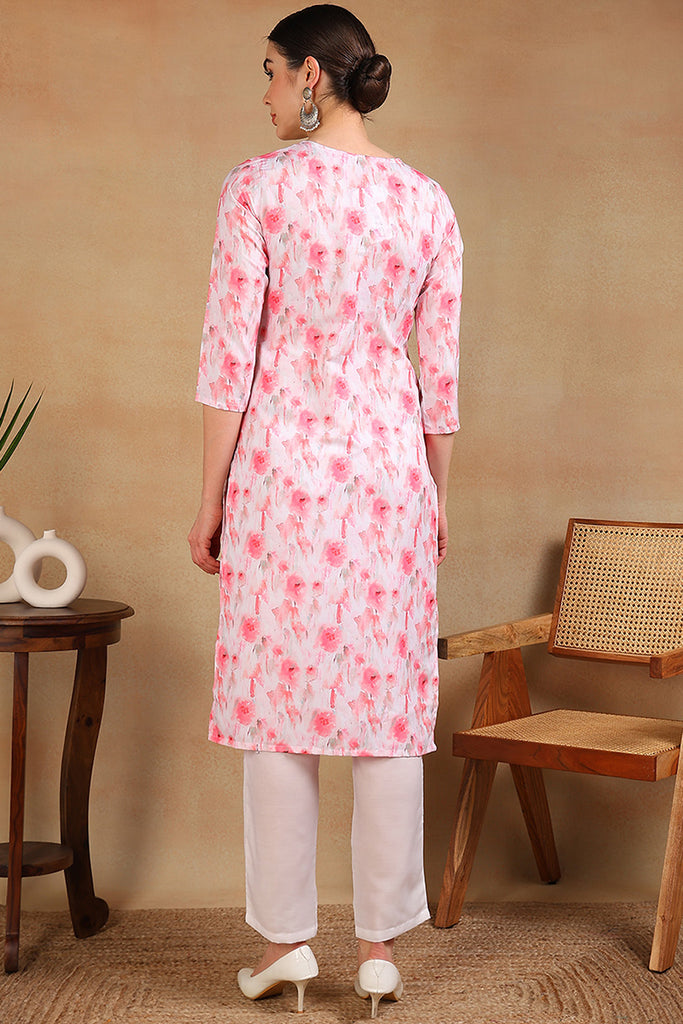 White Cotton Blend Embroidered Ethnic Printed Straight Kurta VCK9757