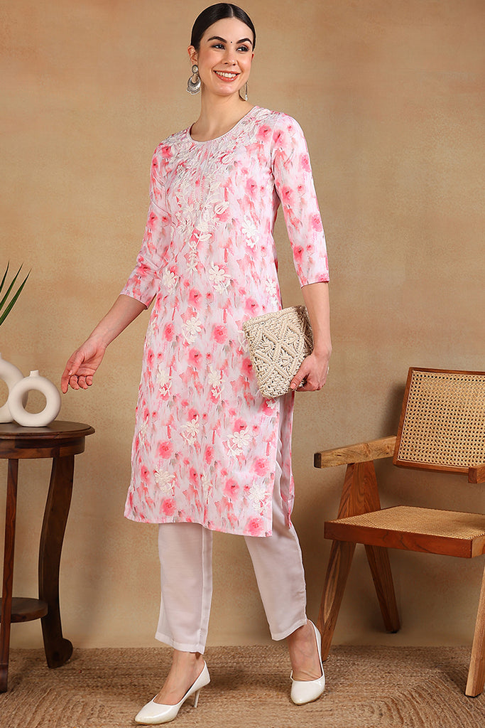 Pink Cotton Blend Embroidered Abstract Printed Straight Kurta VCK9758