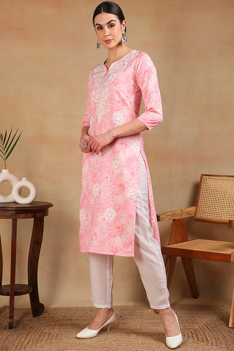 Pink Cotton Blend Embroidered Abstract Printed Straight Kurta VCK9758