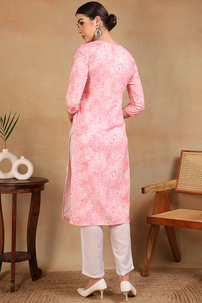 Pink Cotton Blend Embroidered Abstract Printed Straight Kurta VCK9758