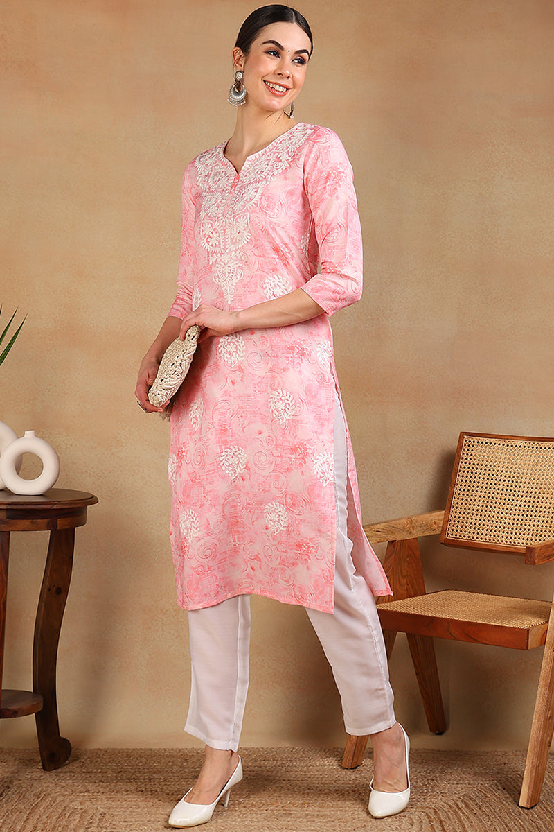 Pink Cotton Blend Embroidered Abstract Printed Straight Kurta VCK9758