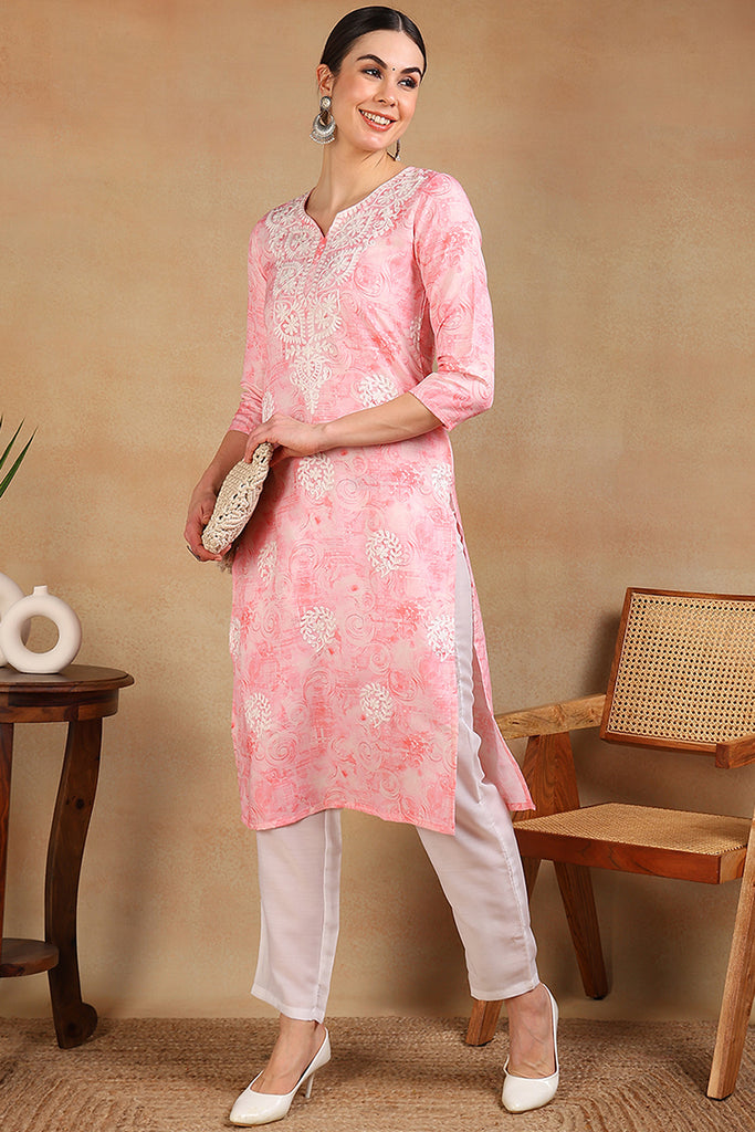 Pink Cotton Blend Embroidered Abstract Printed Straight Kurta VCK9758