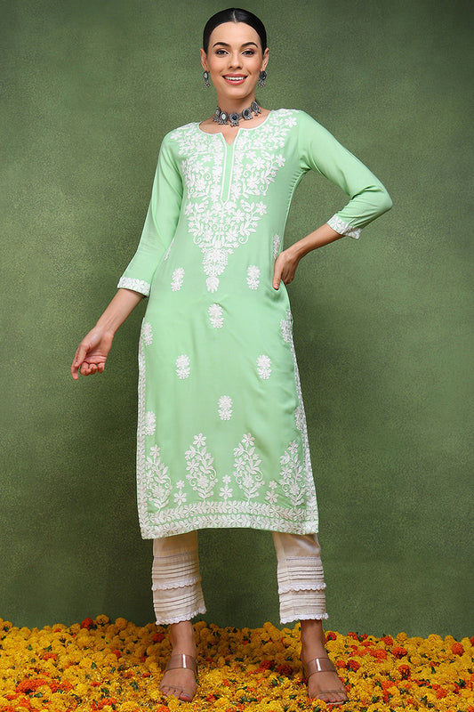 Green Viscose Rayon Solid Embroidered Straight Kurta VCK9760