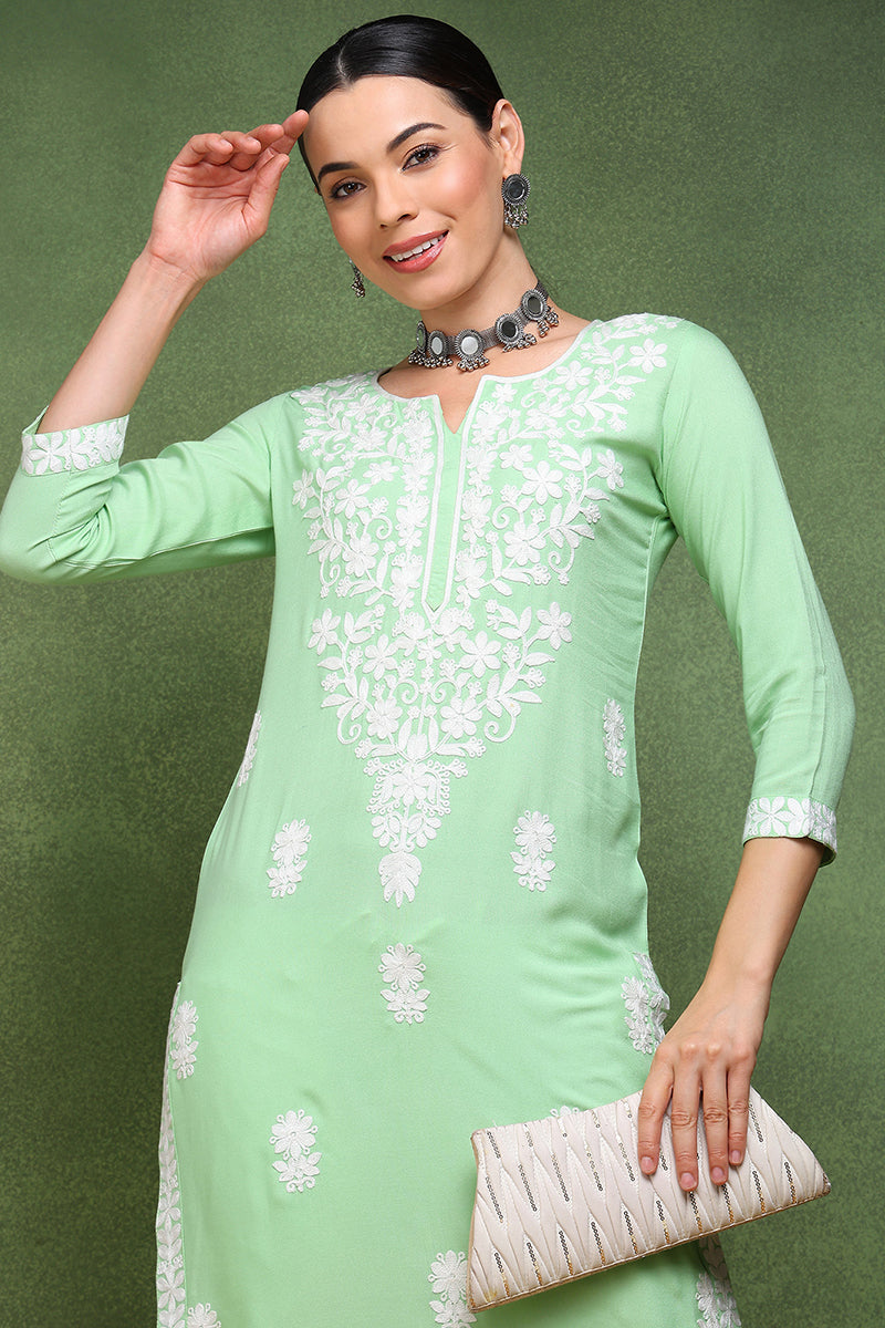 Green Viscose Rayon Solid Embroidered Straight Kurta VCK9760