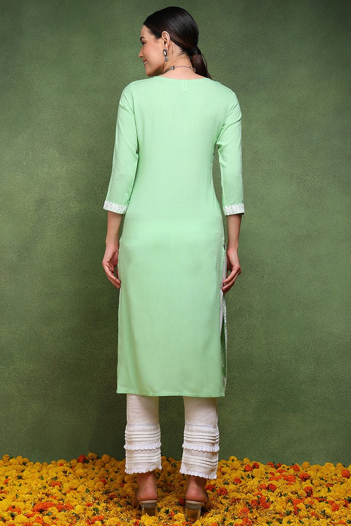 Green Viscose Rayon Solid Embroidered Straight Kurta VCK9760