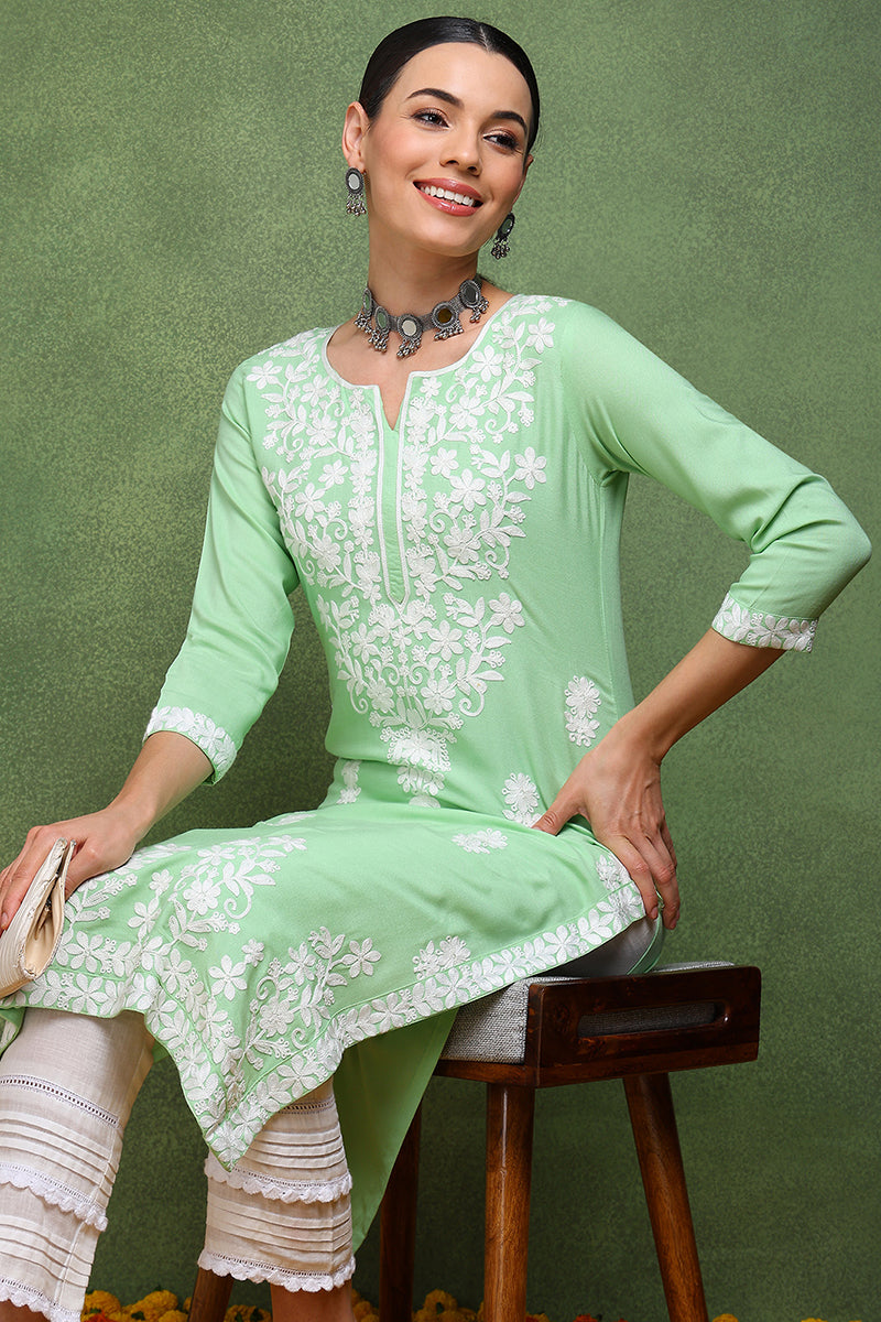 Green Viscose Rayon Solid Embroidered Straight Kurta VCK9760