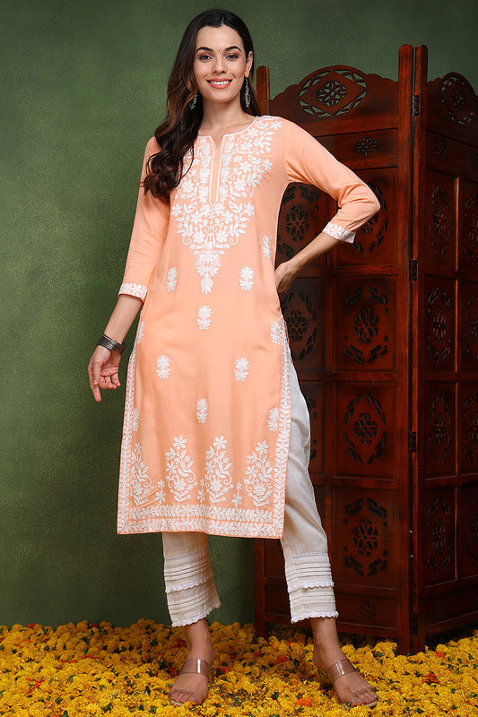 Peach Viscose Rayon Solid Embroidered Chikankari Straight Kurta VCK9761