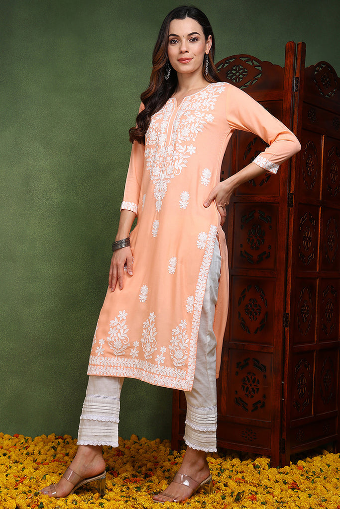 Peach Viscose Rayon Solid Embroidered Chikankari Straight Kurta VCK9761