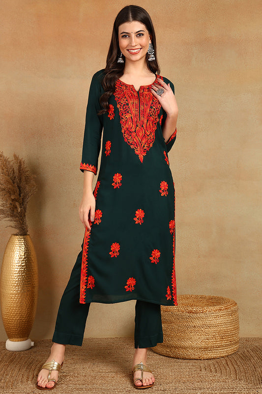 Green Embroidered Viscose Rayon Straight Cut Kurta VCK9762