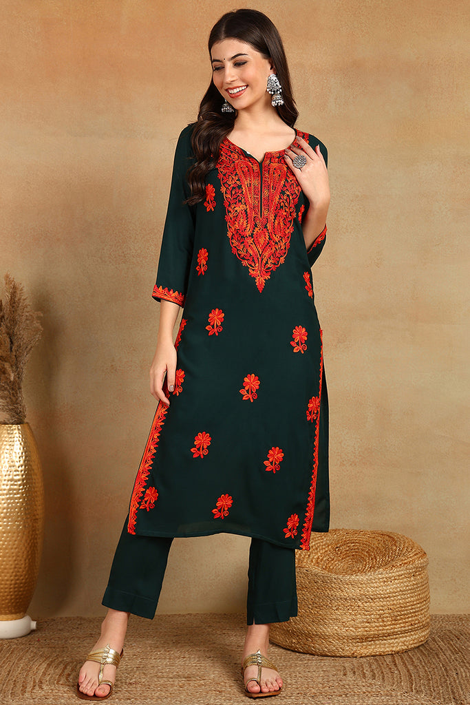 Green Embroidered Viscose Rayon Straight Cut Kurta VCK9762