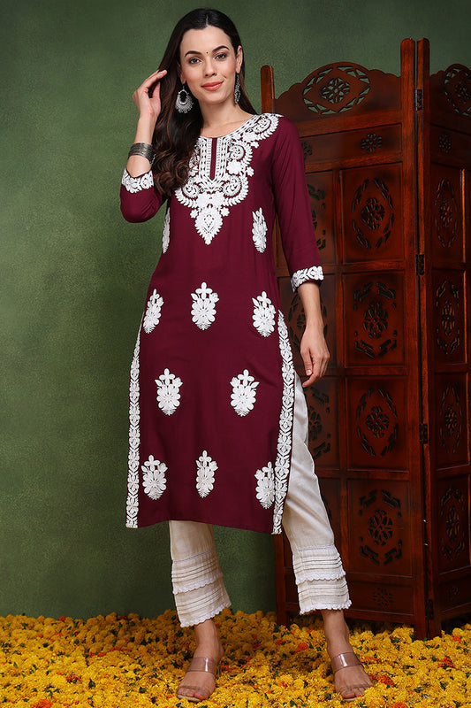 Burgundy Viscose Rayon Solid Embroidered Chikankari Straight Kurta SETVCK9763 (M To 3XL Set)