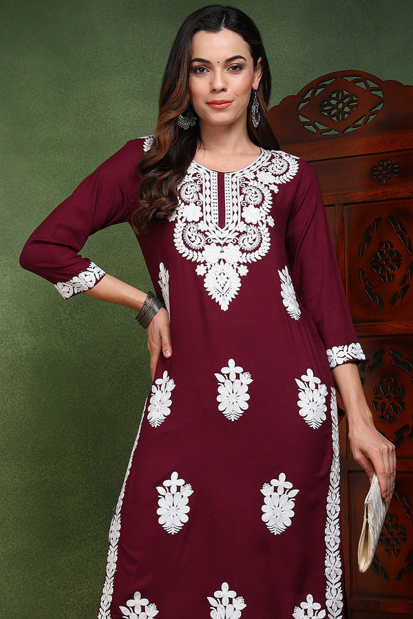 Burgundy Viscose Rayon Solid Embroidered Chikankari Straight Kurta SETVCK9763 (M To 3XL Set)