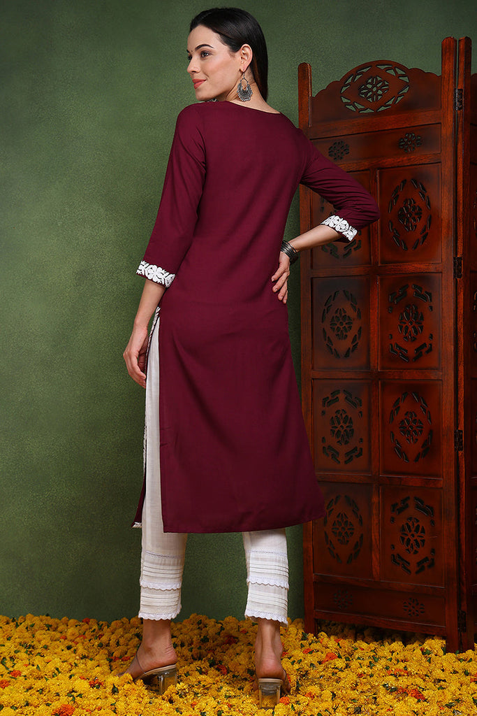 Burgundy Viscose Rayon Solid Embroidered Chikankari Straight Kurta SETVCK9763 (M To 3XL Set)