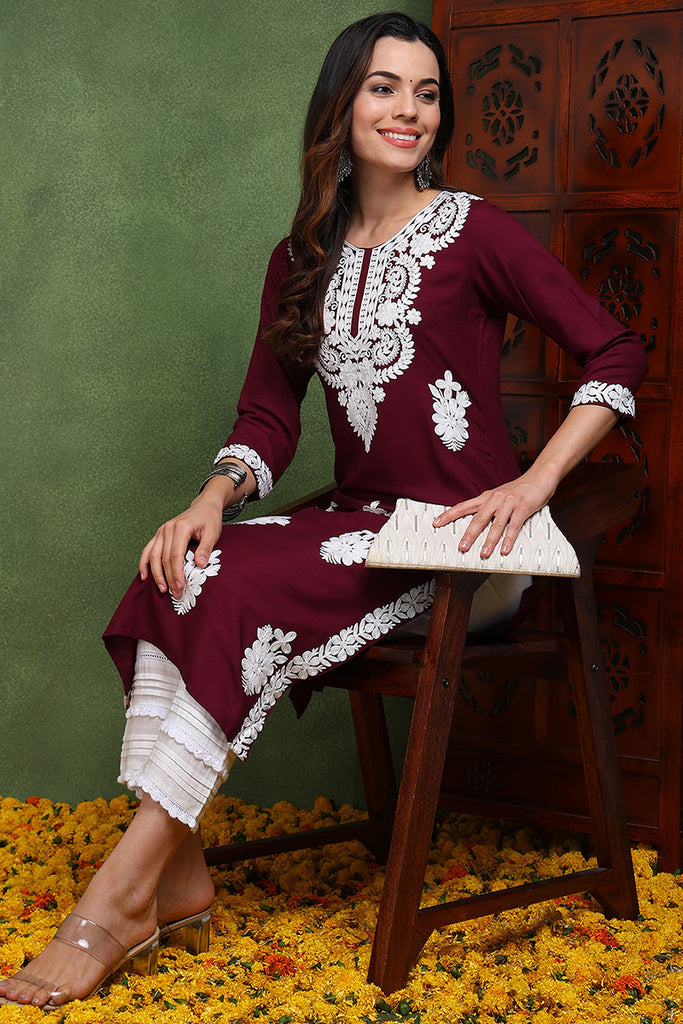 Burgundy Viscose Rayon Solid Embroidered Chikankari Straight Kurta VCK9763