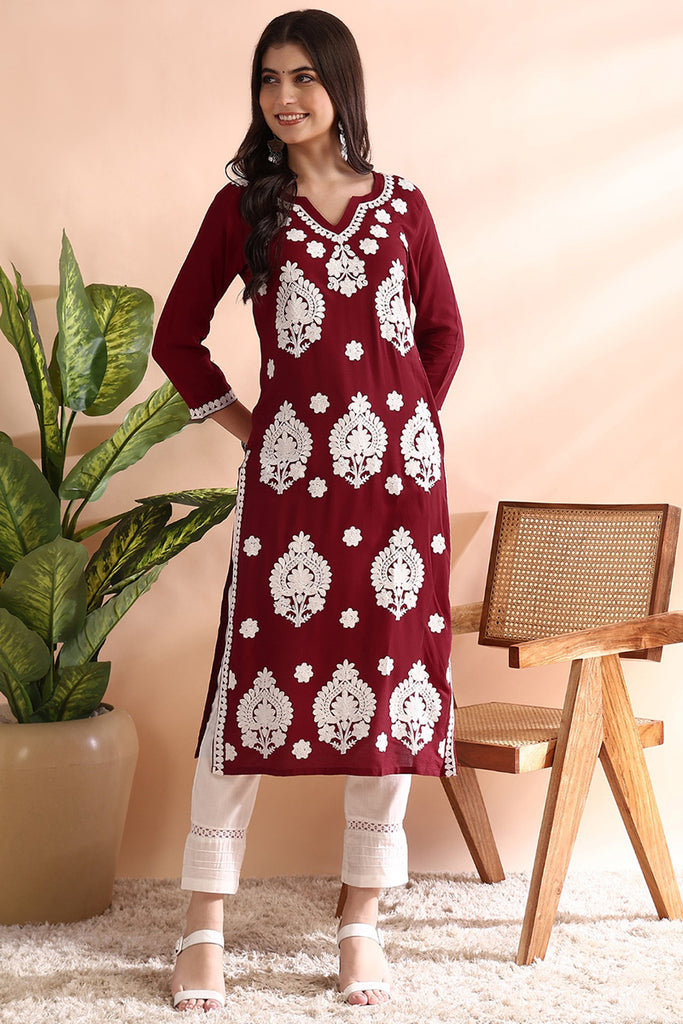 Maroon Viscose Rayon Solid Embroidered Straight Kurta VCK9765