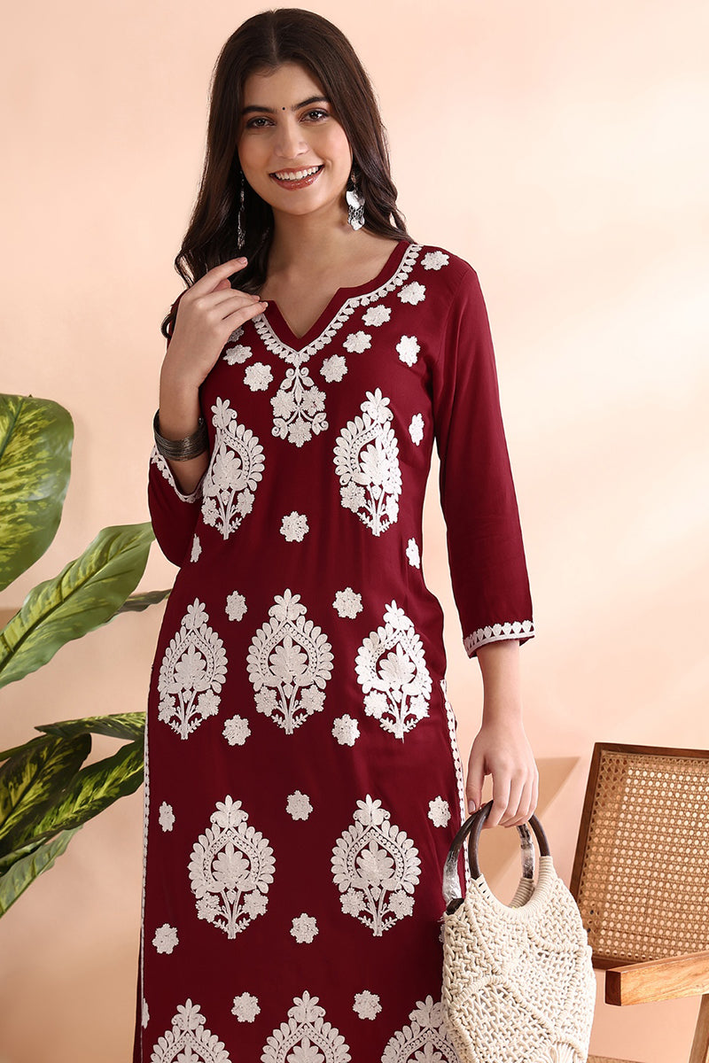 Maroon Viscose Rayon Solid Embroidered Straight Kurta VCK9765