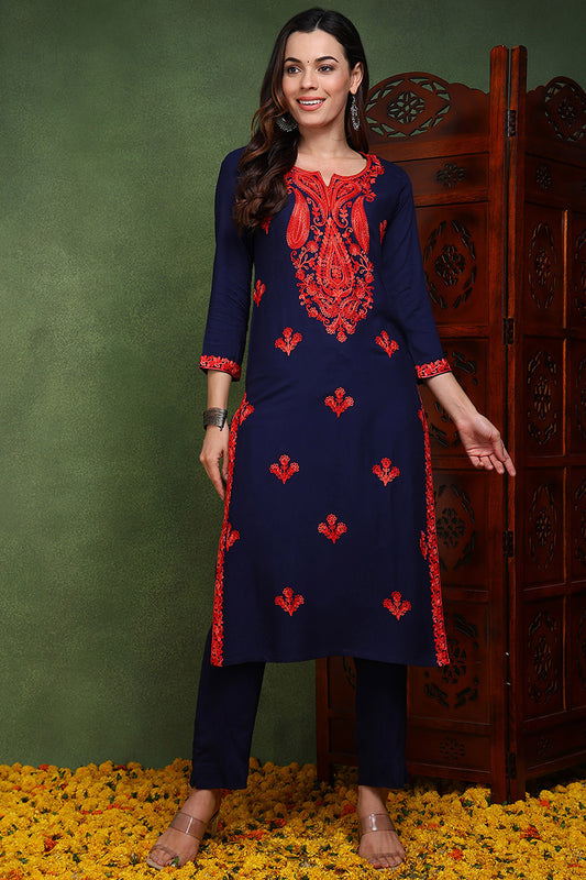 Blue Viscose Rayon Solid Embroidered Chikankari Straight Kurta VCK9766