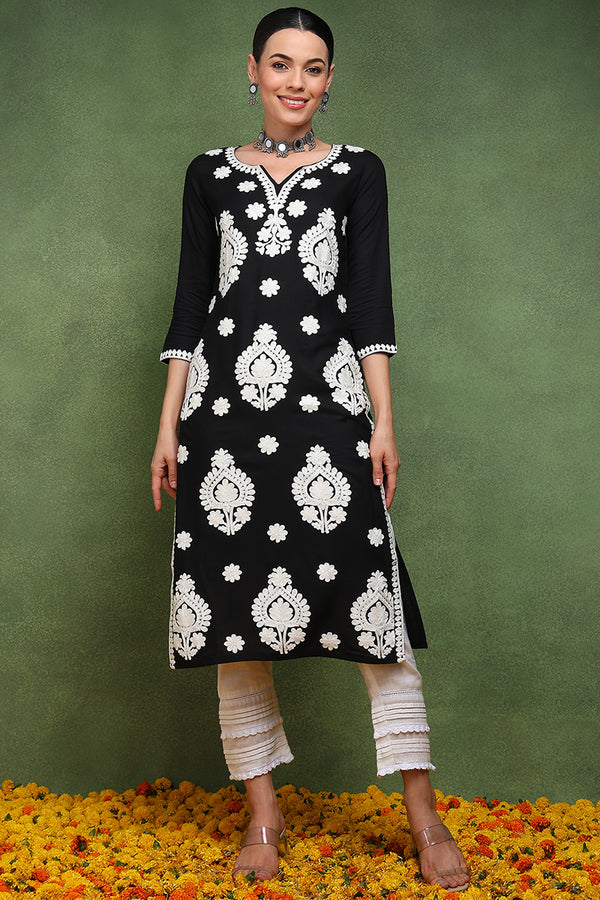 Black Viscose Rayon Solid Embroidered Chikankari Straight Kurta VCK9769