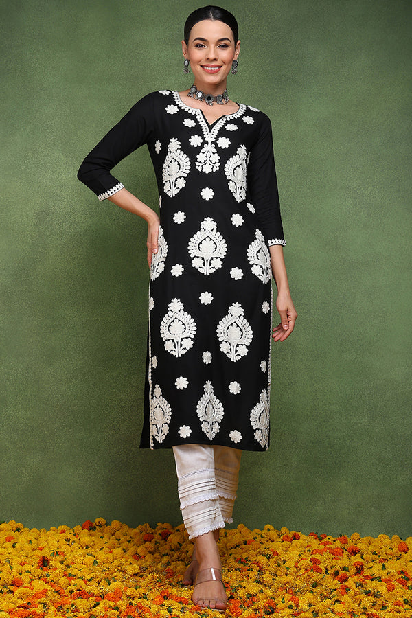 Black Viscose Rayon Solid Embroidered Chikankari Straight Kurta VCK9769