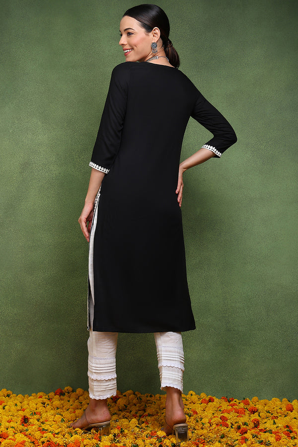 Black Viscose Rayon Solid Embroidered Chikankari Straight Kurta VCK9769