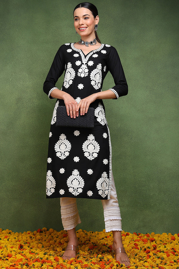 Black Viscose Rayon Solid Embroidered Chikankari Straight Kurta VCK9769