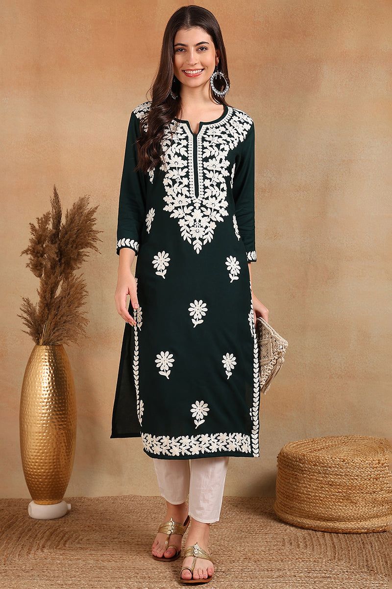 Green Viscose Rayon Solid Embroidered Chikankari Straight Kurta VCK9770GRN