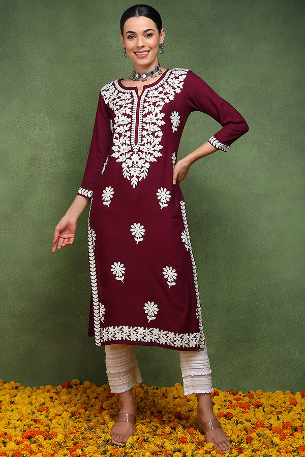 Burgundy Viscose Rayon Solid Embroidered Chikankari Straight Kurta VCK9770WIN
