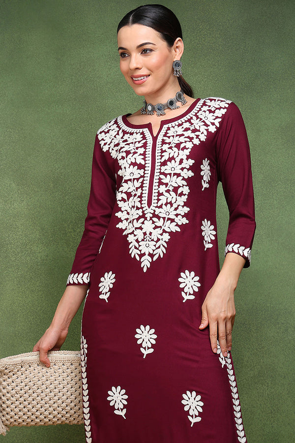 Burgundy Viscose Rayon Solid Embroidered Chikankari Straight Kurta VCK9770WIN