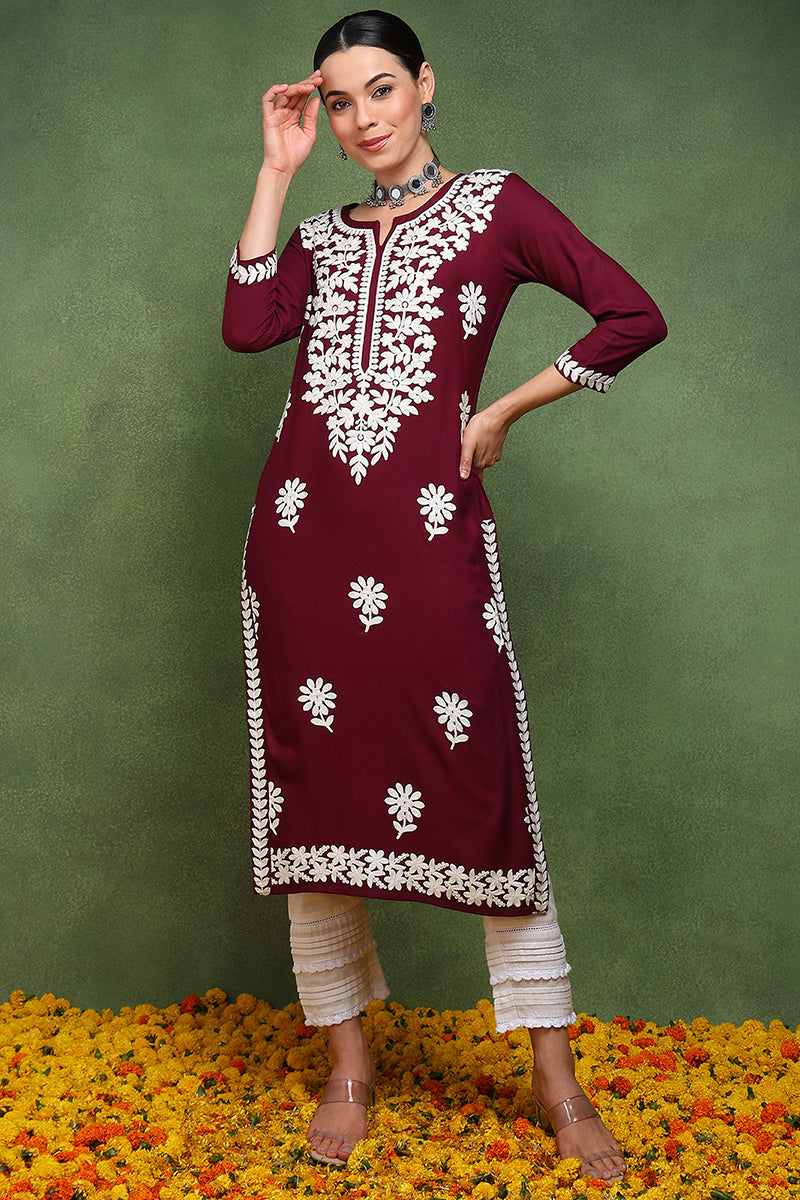 Burgundy Rayon Blend Solid Embroidered Straight Kurta VCK9770WIN