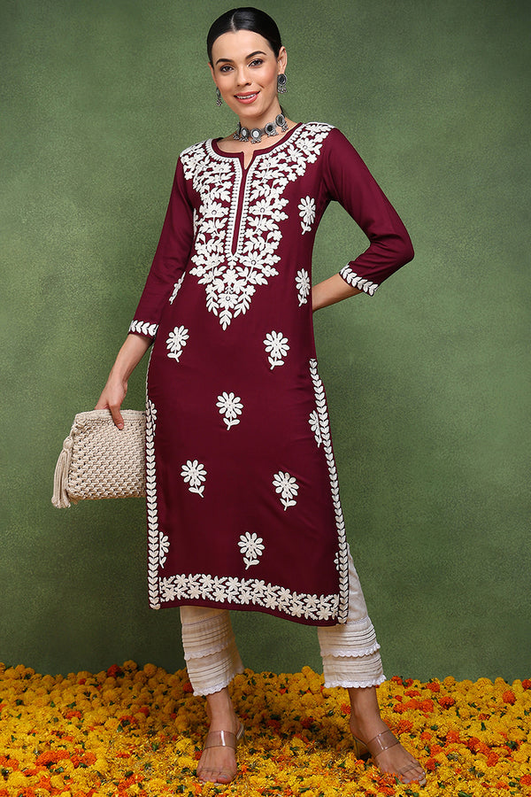 Burgundy Viscose Rayon Solid Embroidered Chikankari Straight Kurta VCK9770WIN