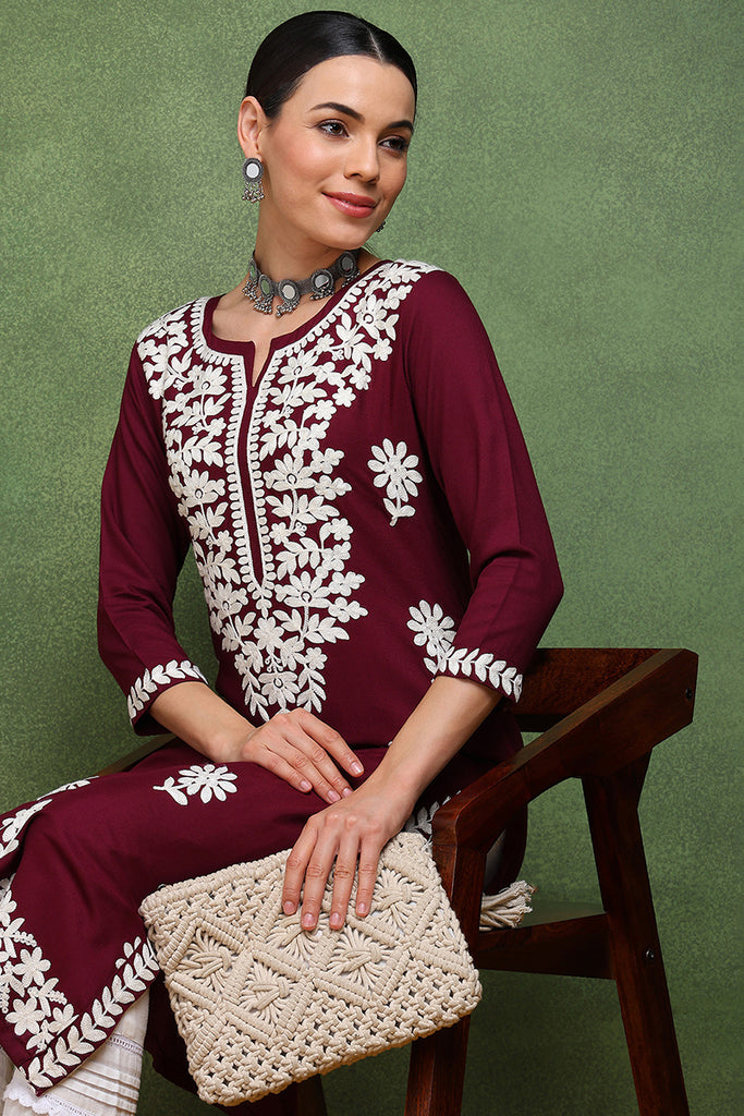 Burgundy Rayon Blend Solid Embroidered Straight Kurta VCK9770WIN