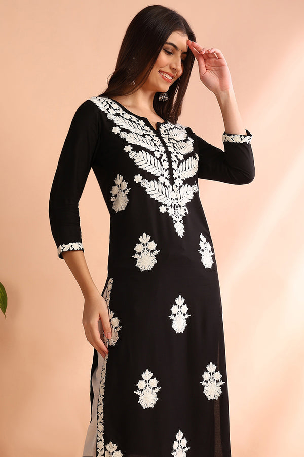 Black Viscose Rayon Solid Embroidered Chikankari Straight Kurta VCK9773BLK