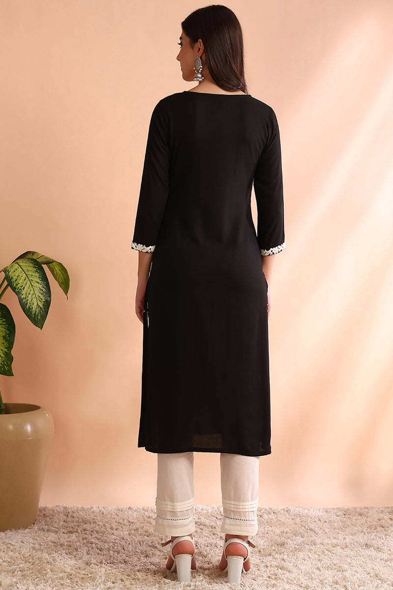 Black Rayon Solid Embroidered Straight Kurta VCK9773BLK